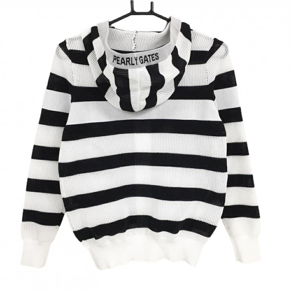 【超美品】パーリーゲイツ ニットジップパーカー 白×ネイビー ボーダー 胸ロゴ レディース 0(S) ゴルフウェア PEARLY GATES