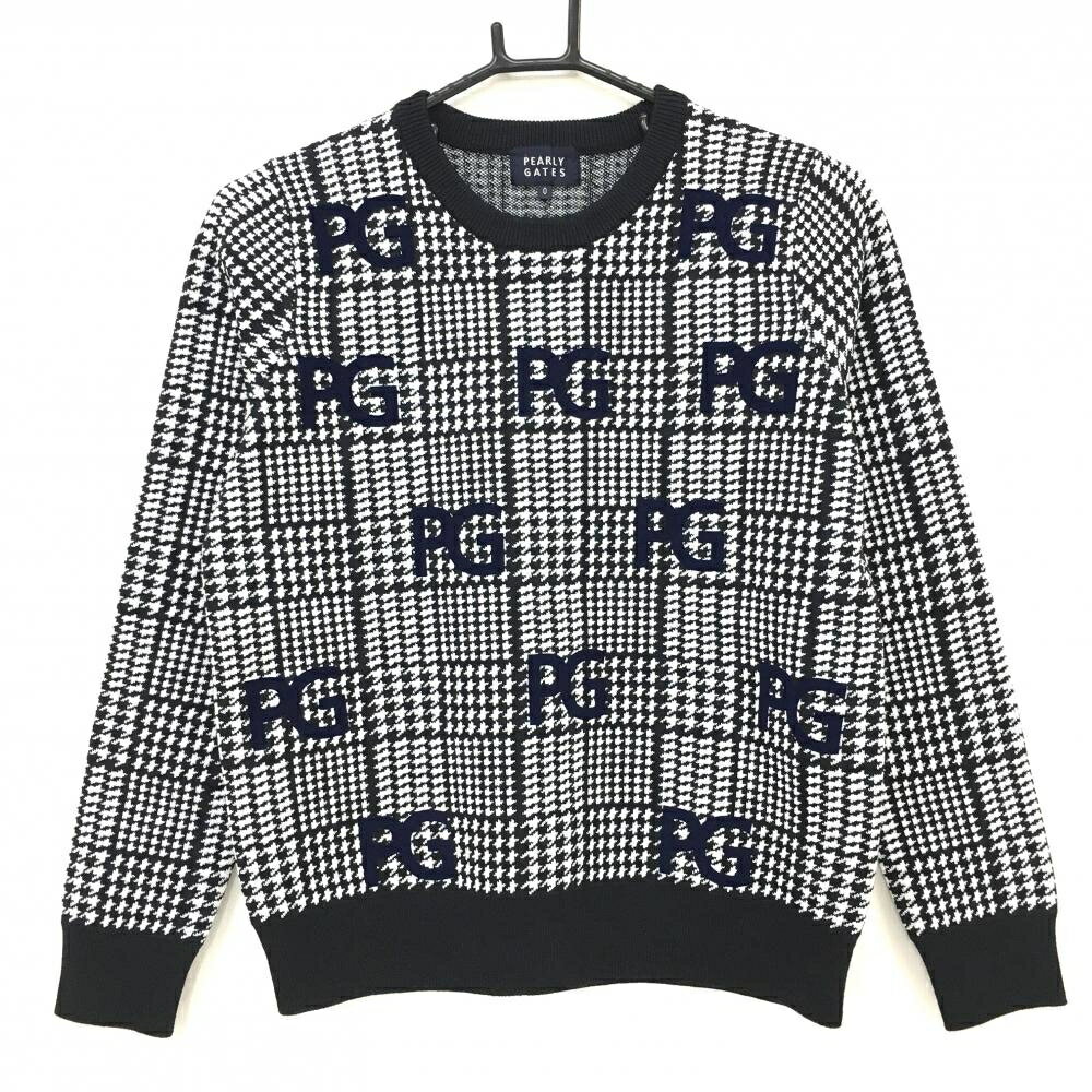 PEARLY GATES - 【超美品】パーリーゲイツ セーター ネイビー×白 グレンチェック フロッキーロゴ総柄 レディース 0(S) ゴルフウェア PEARLY GATES