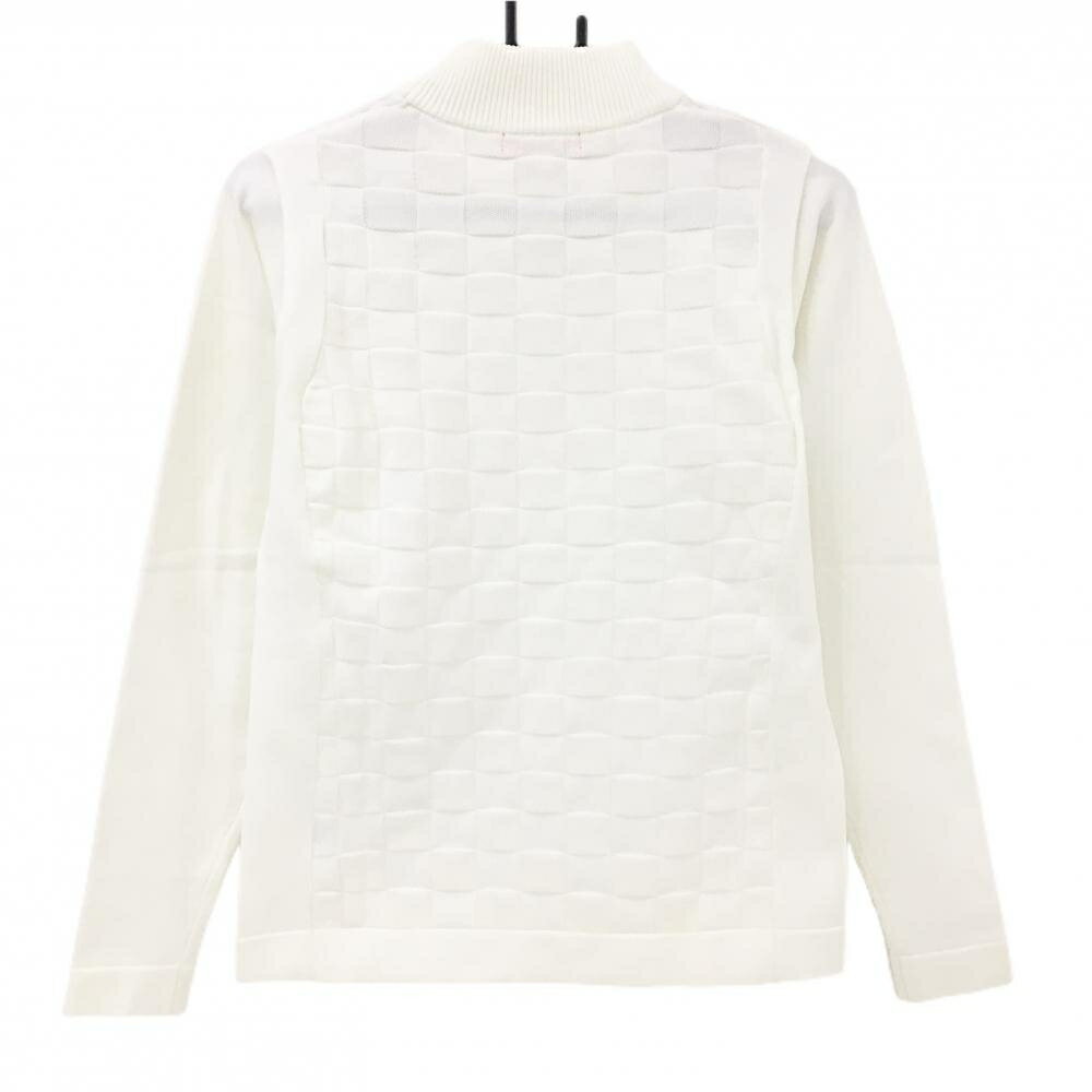 【超美品】マリクレール ハイネックセーター 白 ブロックチェック 地模様 ロゴ刺しゅう ニット レディース L ゴルフウェア marie claire
