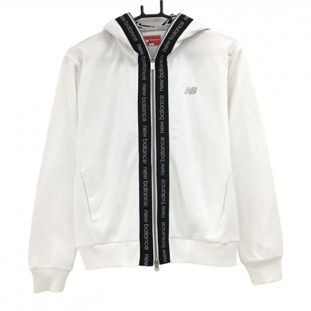 【超美品】ニューバランス ジップパーカー 白×黒 ダブルジップ ジップサイドテープ ロゴラメ レディース 1(M) ゴルフウェア New Balance