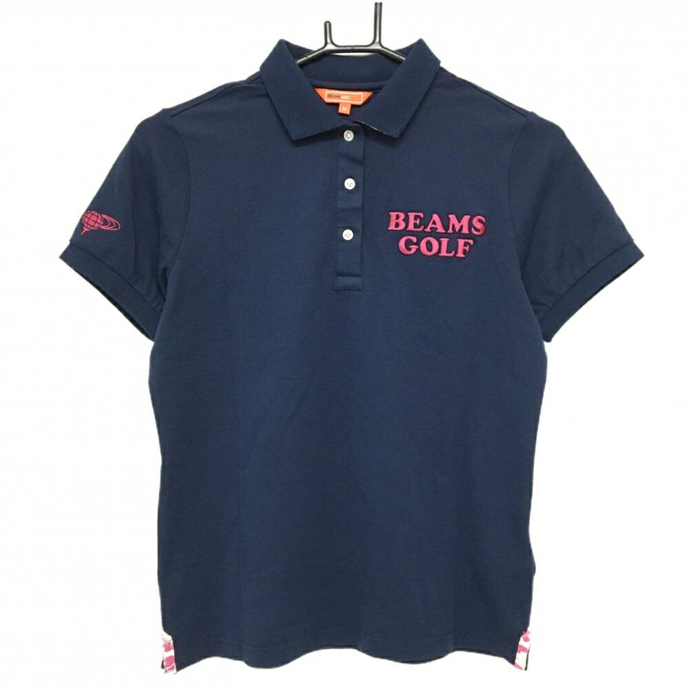 【超美品】ビームスゴルフ 半袖ポロシャツ ネイビー×ピンク ロゴ刺しゅう レディース M ゴルフウェア BEAMS GOLF