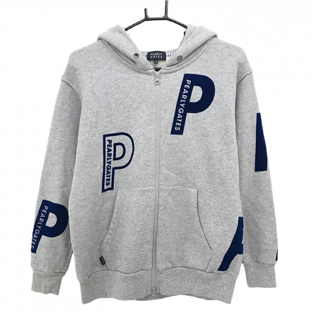 PEARLY GATES - 【超美品】パーリーゲイツ ジップパーカー 杢グレー×ブルー フロッキーロゴ総柄 レディース 0(S) ゴルフウェア PEARLY GATES