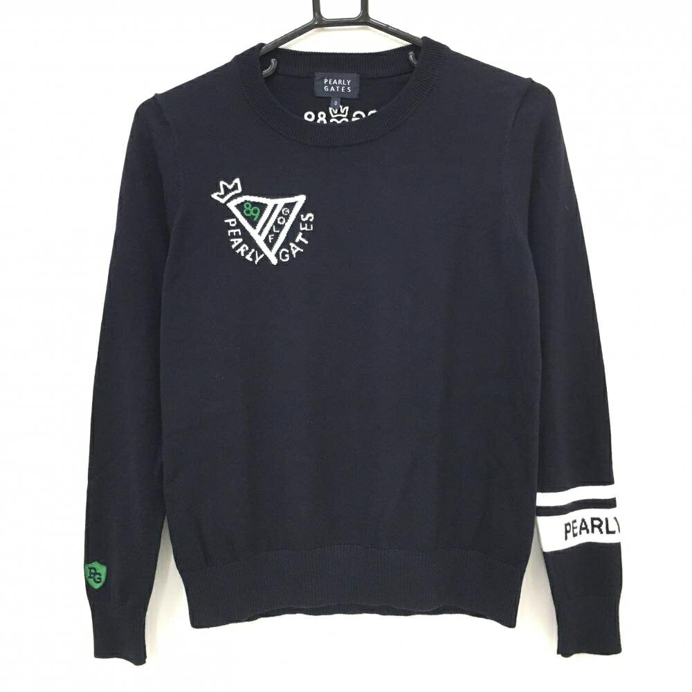 PEARLY GATES - 【超美品】パーリーゲイツ セーター ネイビー ロゴ白 コットン100% 袖口ライン ニット レディース 0(S) ゴルフウェア PEARLY GATES
