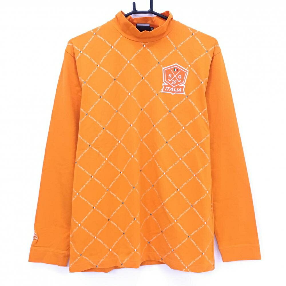 【美品】カッパ 長袖ハイネックシャツ オレンジ×白 フロント総柄 ロゴ刺しゅう メンズ LL ゴルフウェア Kappa