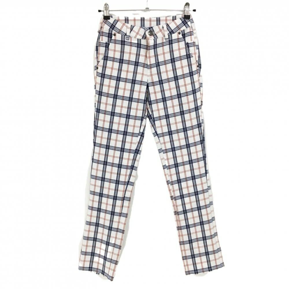 【超美品】エドウィン パンツ 白×ネイビー チェック柄 微起毛 ストレッチ レディース SS ゴルフウェア EDWIN GOLF