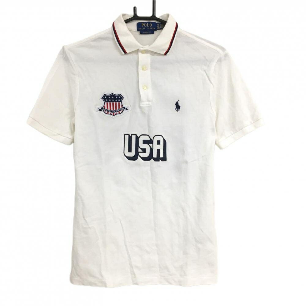 【美品】ポロラルフローレン 半袖ポロシャツ 白×ネイビー 襟ライン USA 背番号 レディース XS ゴルフウェア Ralph Lauren