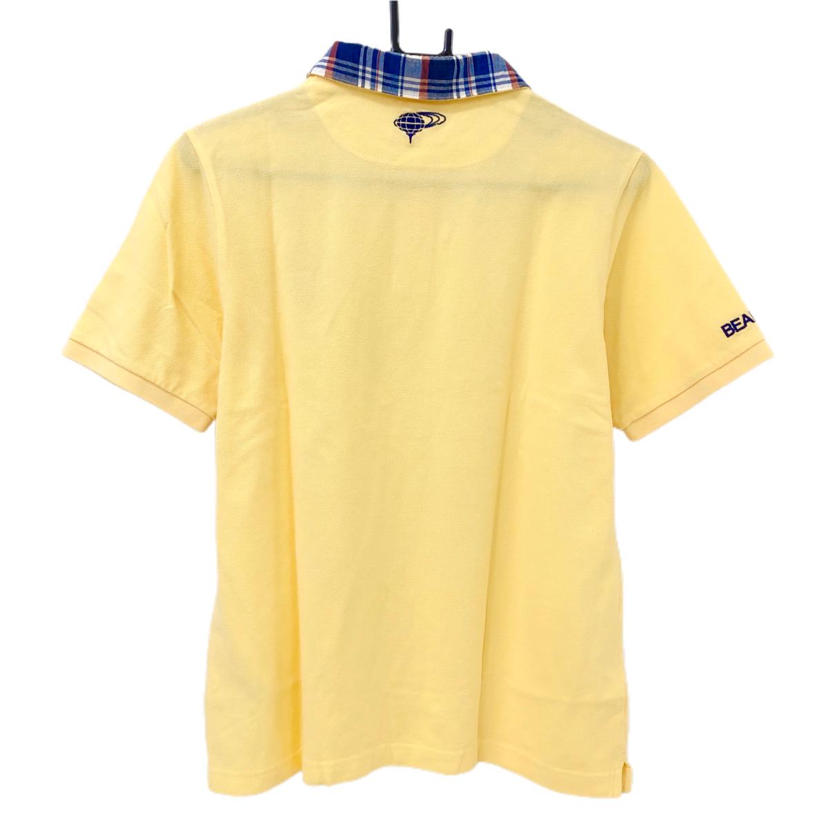 【美品】ビームスゴルフ 半袖ポロシャツ ライトイエロー×ネイビー 襟チェック ロゴ メンズ L ゴルフウェア BEAMS GOLF