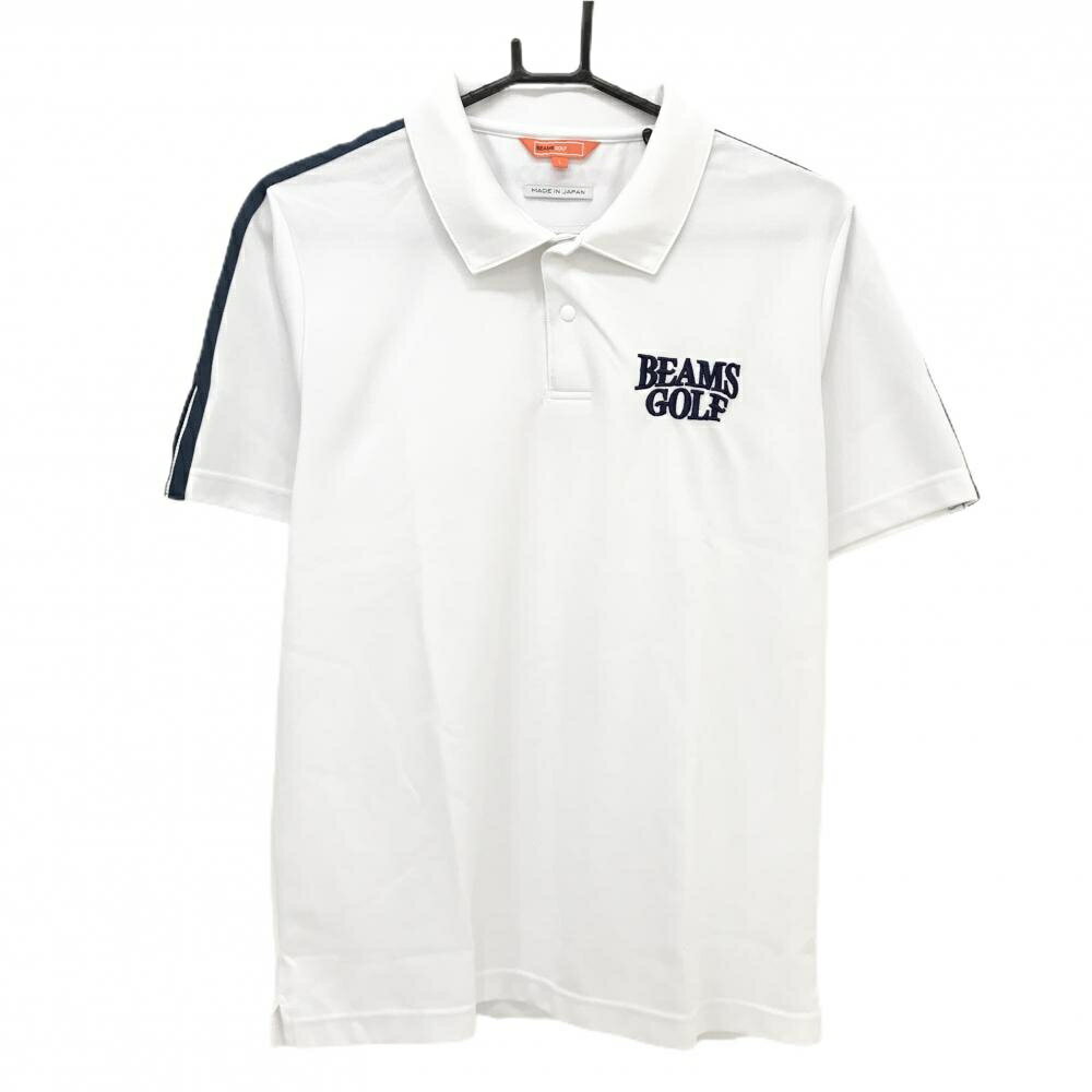 【美品】ビームスゴルフ 半袖ポロシャツ 白×ネイビー 肩ライン ロゴ スナップボタン メンズ L ゴルフウェア BEAMS GOLF