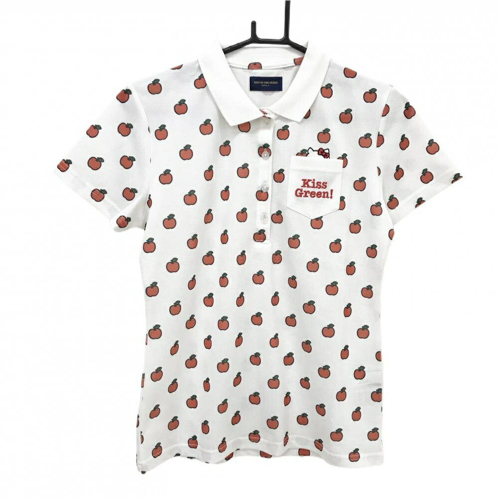 Polo Shirt - キスオンザグリーン×ハローキティ 半袖ポロシャツ 白×レッド リンゴ総柄 レディース 2(M) ゴルフウェア kiss on the green