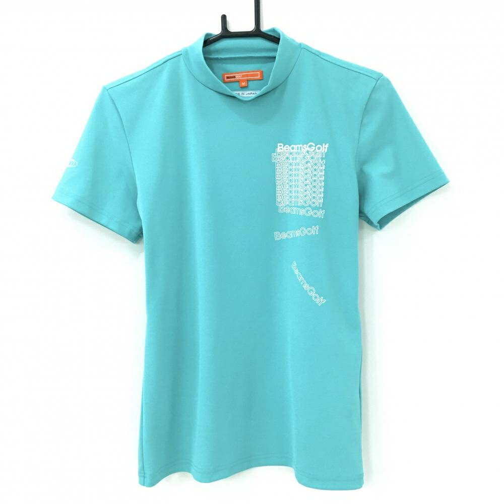 【美品】ビームスゴルフ 半袖ハイネックシャツ ミントグリーン×白 ロゴプリント レディース M ゴルフウェア BEAMS GOLF