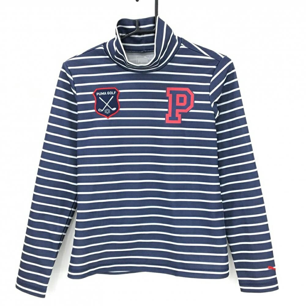 PUMA - プーマ 長袖ハイネックシャツ ネイビー×白 ボーダー柄 胸元プリント ワッペン ストレッチ レディース L ゴルフウェア PUMA