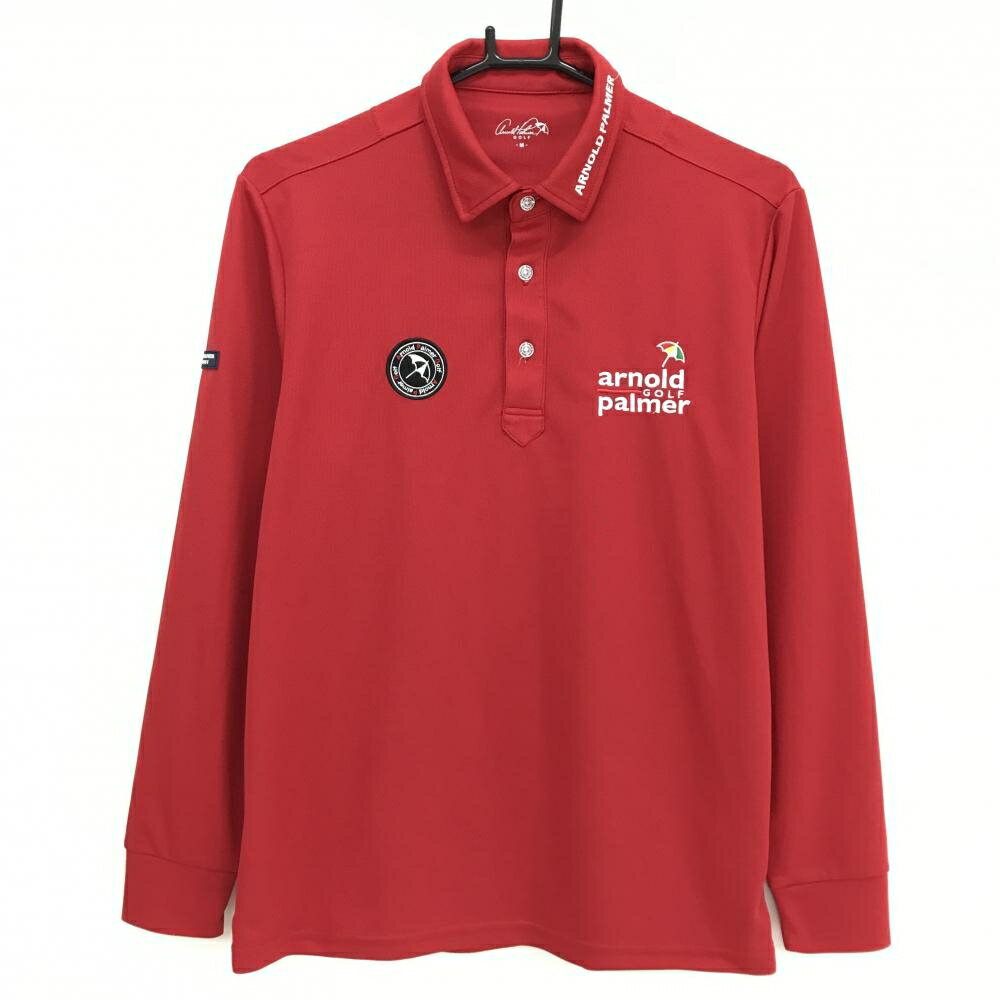 【超美品】アーノルドパーマー 長袖ポロシャツ レッド 襟ロゴ刺しゅう メンズ M ゴルフウェア Arnold Palmer