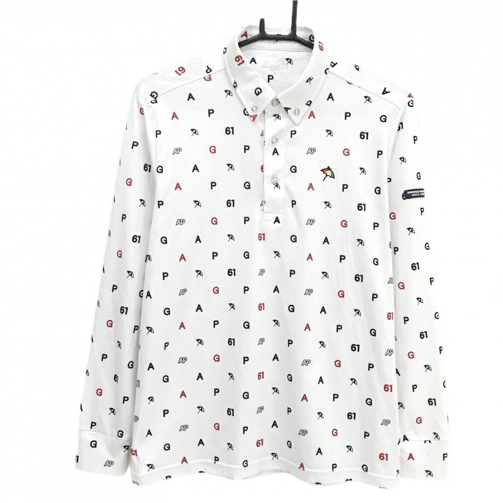 【美品】アーノルドパーマー 長袖ポロシャツ 白×ネイビー 総柄 ボタンダウン メンズ M ゴルフウェア Arnold Palmer