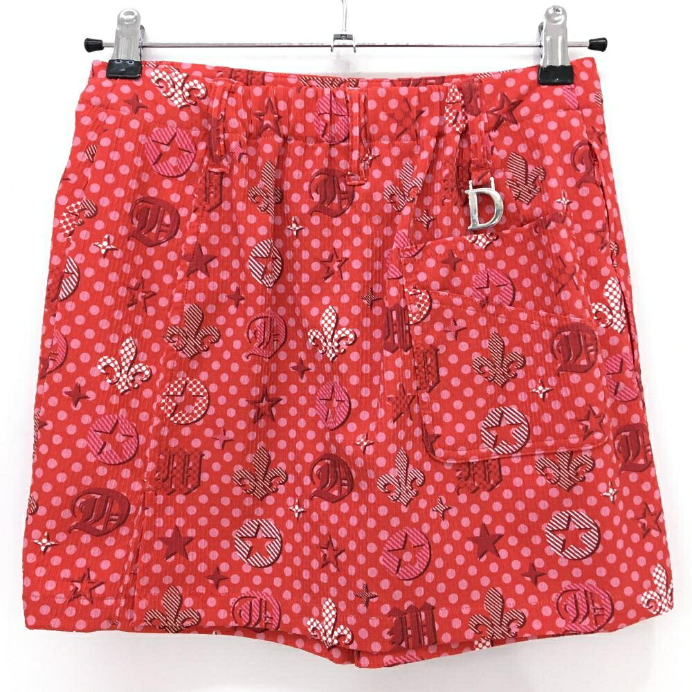 【超美品】ダンスウィズドラゴン スカート レッド×ピンク 総柄 ドット 内側パンツ レディース 1(S) ゴルフウェア Dance With Dragon