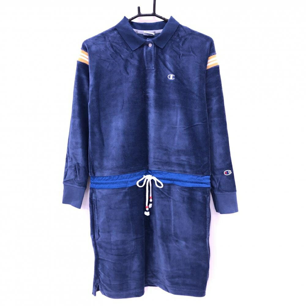 チャンピオン ワンピース ネイビー×イエロー 起毛 袖ライン レディース MEDIUM ゴルフウェア Champion