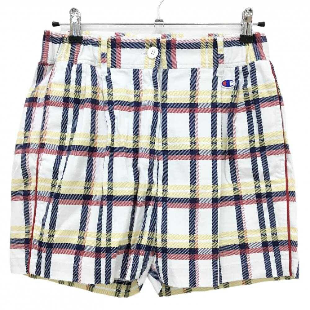 【超美品】チャンピオン ショートパンツ 白×ネイビー×イエロー チェック レディース LARGE ゴルフウェア Champion