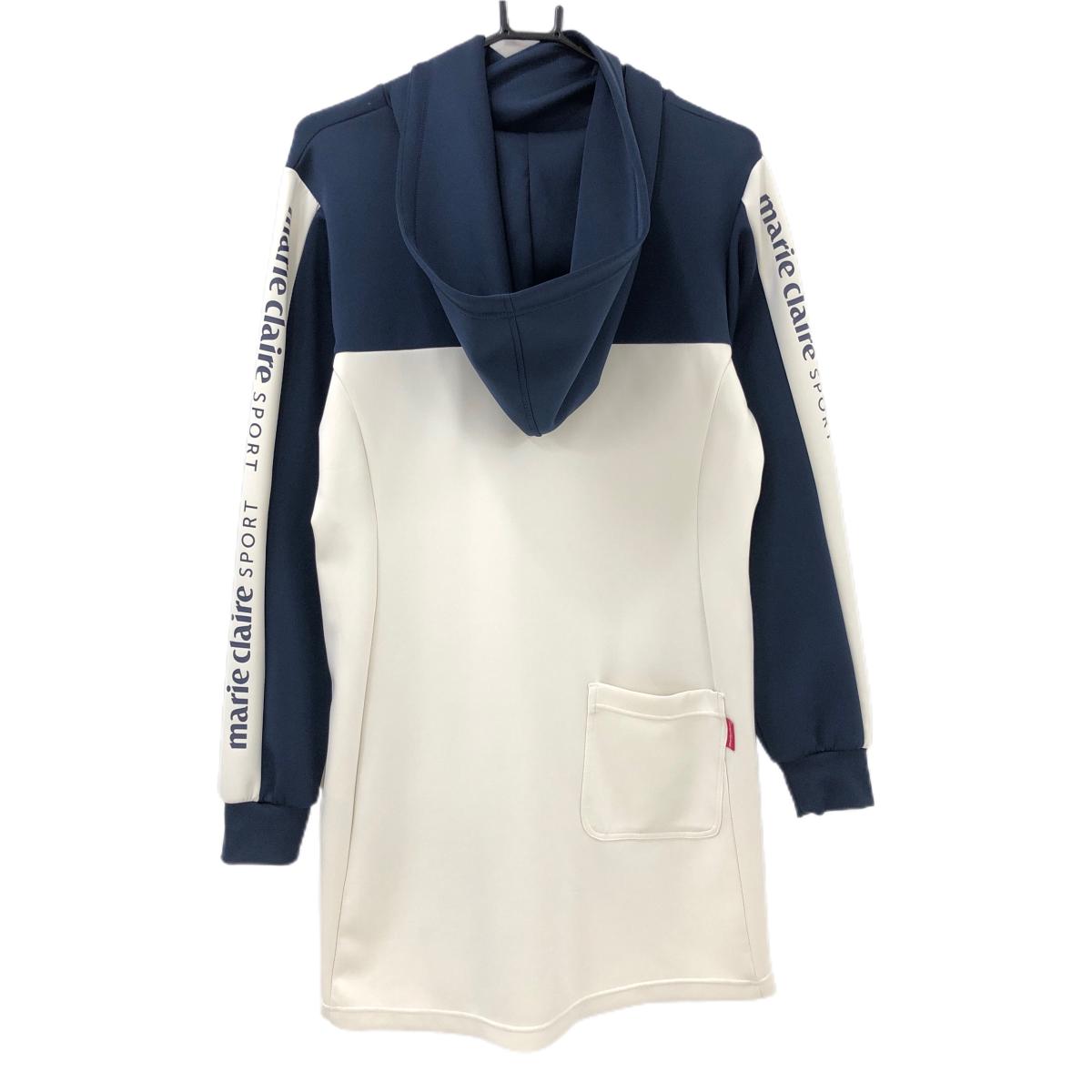 【超美品】マリクレールスポール フード付きワンピース ネイビー×アイボリー ダンボールニット レディース LL ゴルフウェア marie claire