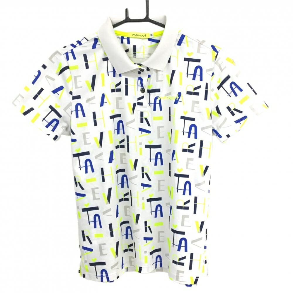 VIVA HEART - 【美品】ビバハート 半袖ポロシャツ 白×蛍光イエロー×ネイビー 総柄 胸ロゴ刺しゅう レディース 44(XL) ゴルフウェア VIVA HEART