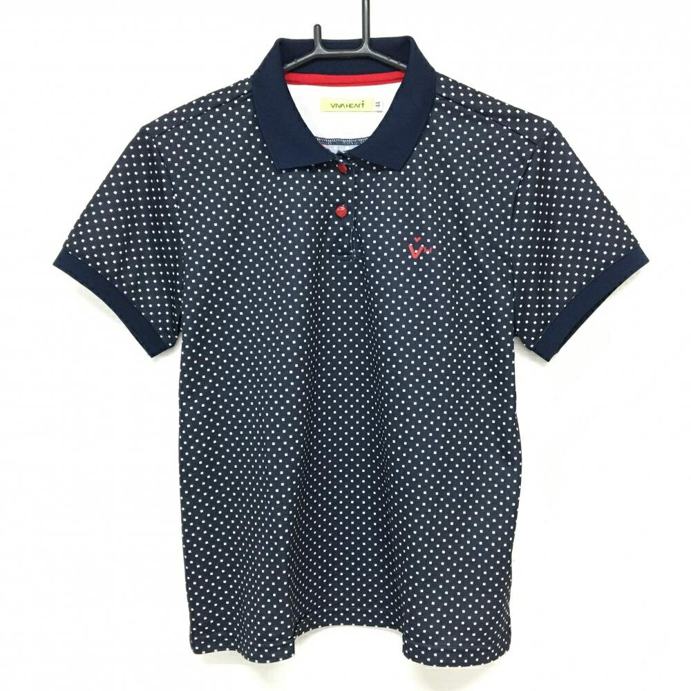 VIVA HEART - 【美品】ビバハート 半袖ポロシャツ ダークネイビー×白 ドット 胸ロゴ レディース 44(XL) ゴルフウェア VIVA HEART