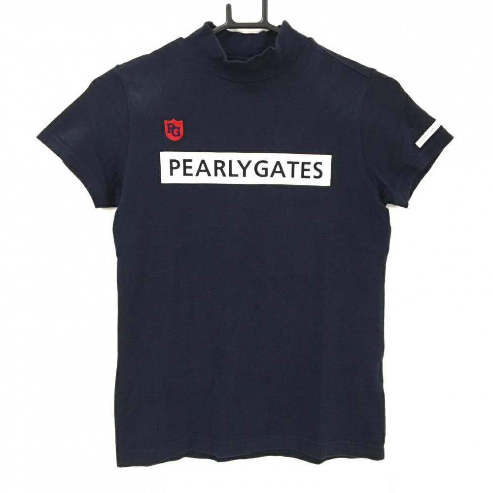 パーリーゲイツ 半袖ハイネックシャツ ネイビー×白 フロントロゴ レディース 0(S) ゴルフウェア PEARLY GATES