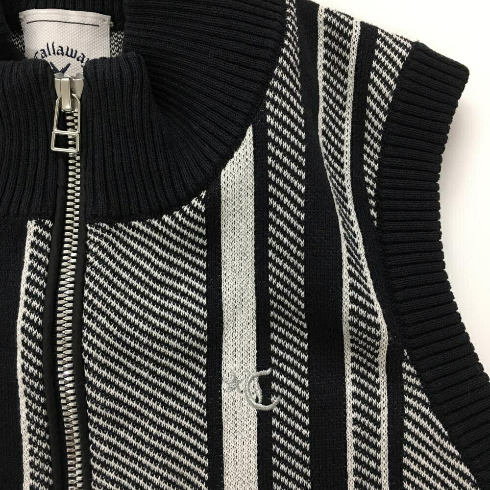 【美品】キャロウェイ ニットベスト 白×黒 ストライプ フルジップ コットン混 レデ...