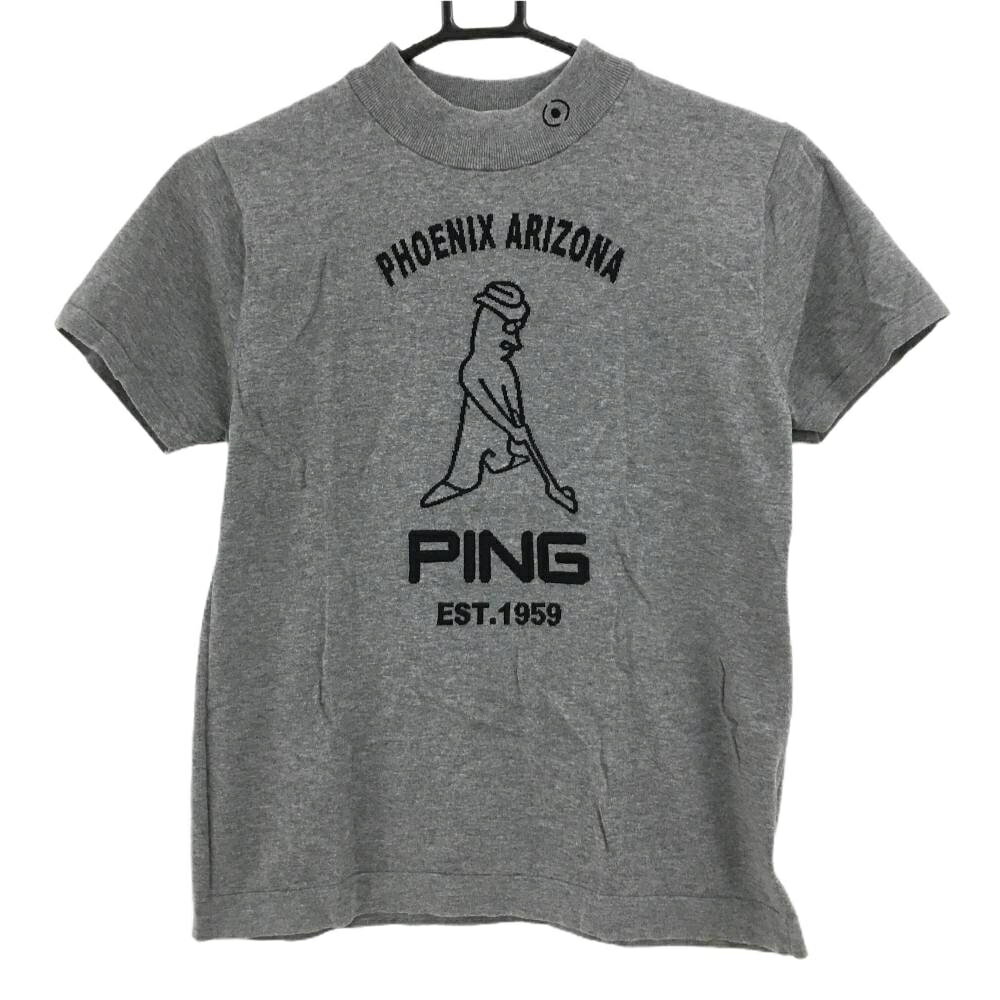 【超美品】ピン 半袖ハイネックセーター グレー×ネイビー フロントMr.PING柄 コットン100％ レディース M ゴルフウェア PING