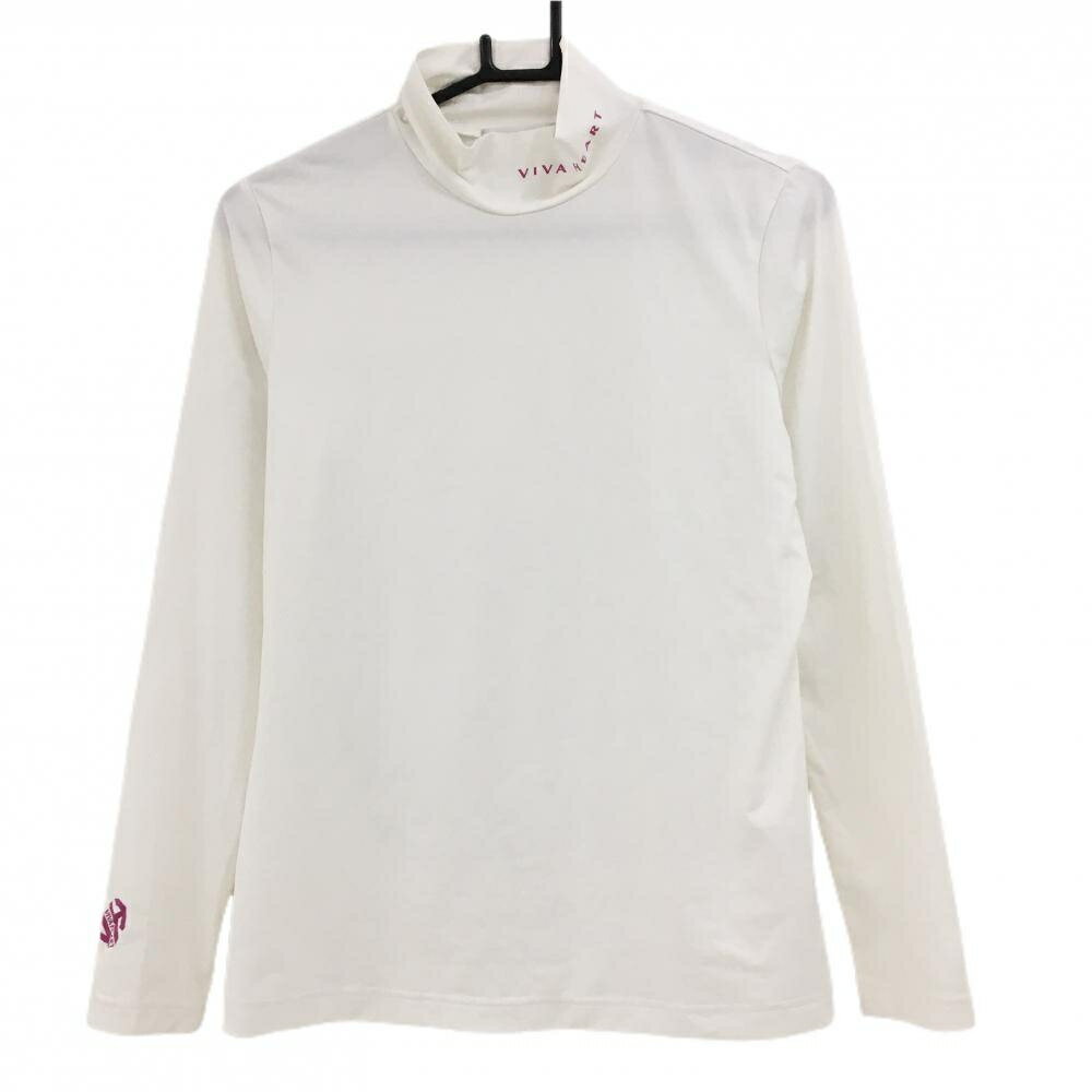 VIVA HEART - 【超美品】ビバハート 長袖ハイネックシャツ 白×ピンク ストレッチ ネック・袖ロゴ レディース 42(L) ゴルフウェア VIVA HEART