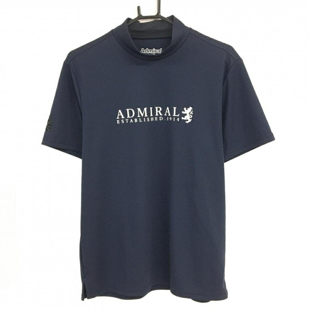 【超美品】アドミラル 半袖ハイネックシャツ ネイビー 細目チェック地模様 ロゴ メンズ L ゴルフウェア 2024年モデル Admiral