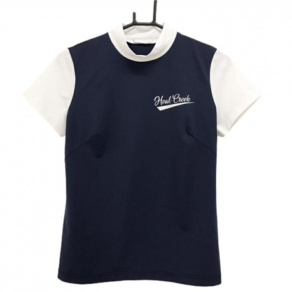 Heal Creek - 【美品】ヒールクリーク 半袖ハイネックシャツ ネイビー×白 バイカラー ロゴ ストレッチ レディース 40(M) ゴルフウェア Heal Creek
