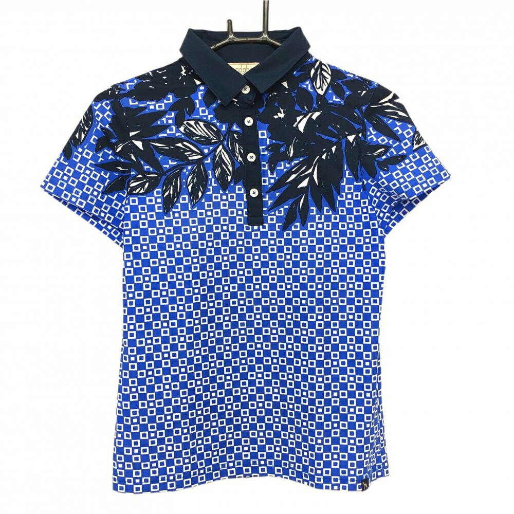 Adabat - 【超美品】アダバット 半袖ポロシャツ ブルー×白 総柄 上部リーフ柄 レディース 38(M) ゴルフウェア adabat