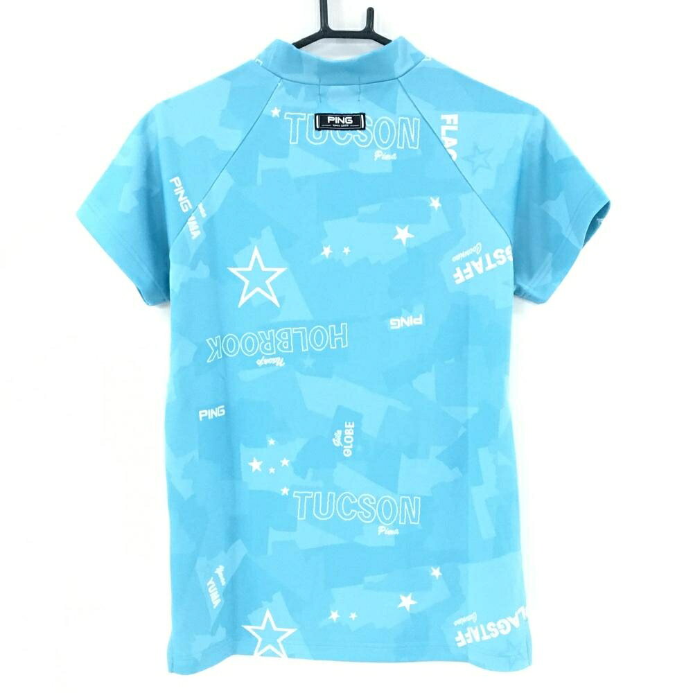 【超美品】ピン 半袖ハイネックシャツ ライトブルー×白 地模様 英字 ネックロゴ レディース L ゴルフウェア PING