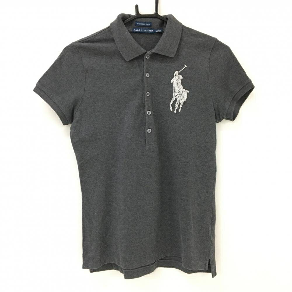 【美品】ラルフローレン 半袖ポロシャツ ダークグレー×白 ロゴビーズ レディース M ゴルフウェア Ralph Lauren