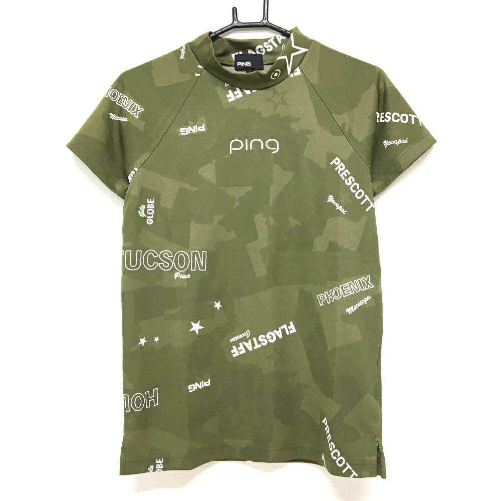 【超美品】ピン 半袖ハイネックシャツ カーキ×白 地模様 英字柄 ネックロゴ レディース L ゴルフウェア PING