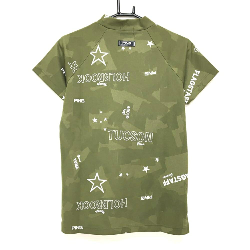 【超美品】ピン 半袖ハイネックシャツ カーキ×白 地模様 英字柄 ネックロゴ レディース L ゴルフウェア PING