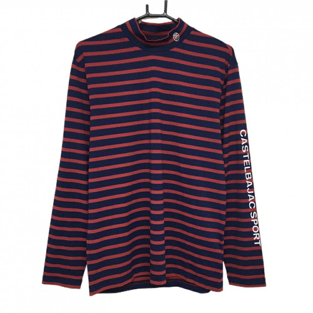 【新品】カステルバジャック 長袖ハイネックシャツ ネイビー×レッド ボーダー ネックロゴ刺しゅう メンズ 48(L) ゴルフウェア CASTELBAJAC