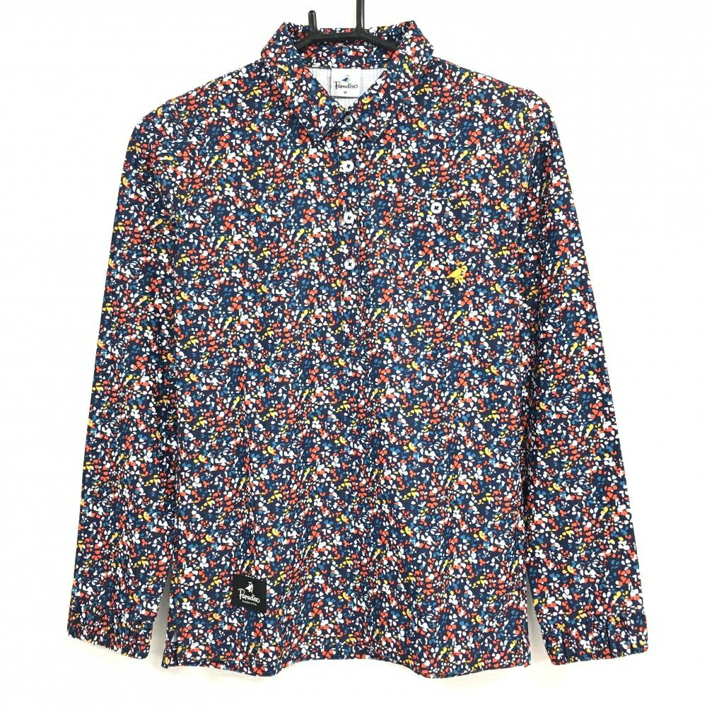PARADISO - 【超美品】パラディーゾ 長袖ポロシャツ ネイビー×マルチカラー 総柄 胸ポケット付 レディース M ゴルフウェア Paradiso
