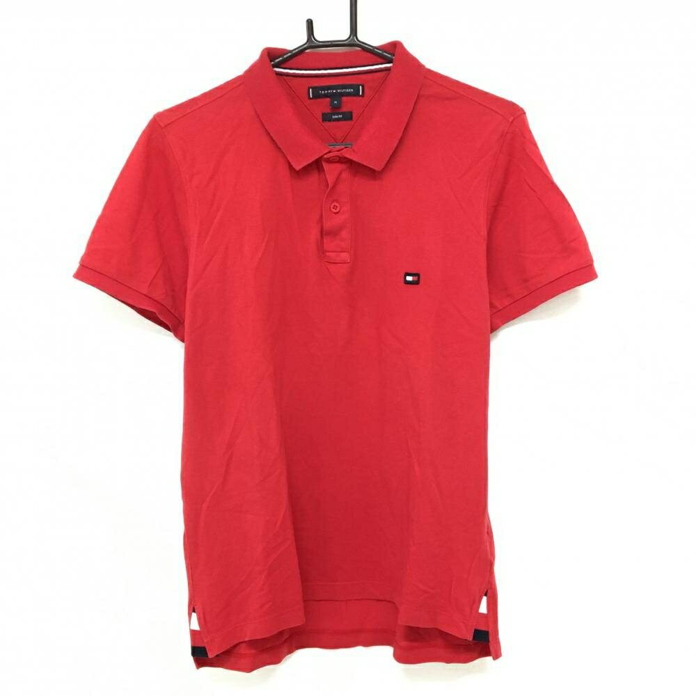 トミーヒルフィガー 半袖ポロシャツ レッド×ネイビー ロゴワッペン メンズ M ゴルフウェア Tommy Hilfiger Golf