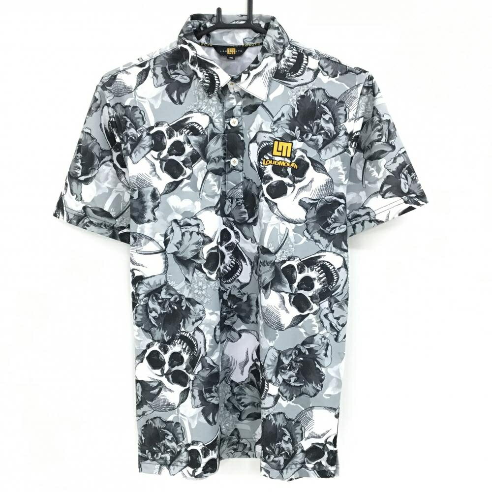 Shirts - 【美品】ラウドマウス 半袖ポロシャツ グレー×白 シルバーフラワースカル柄 ロゴ刺しゅう メンズ M ゴルフウェア LOUDMOUTH