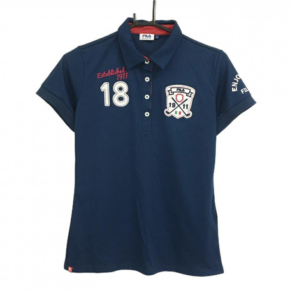 Rakuten - 【美品】フィラゴルフ 半袖ポロシャツ ネイビー 前立て・ネックレッド ロゴワッペン レディース L ゴルフウェア FILA GOLF