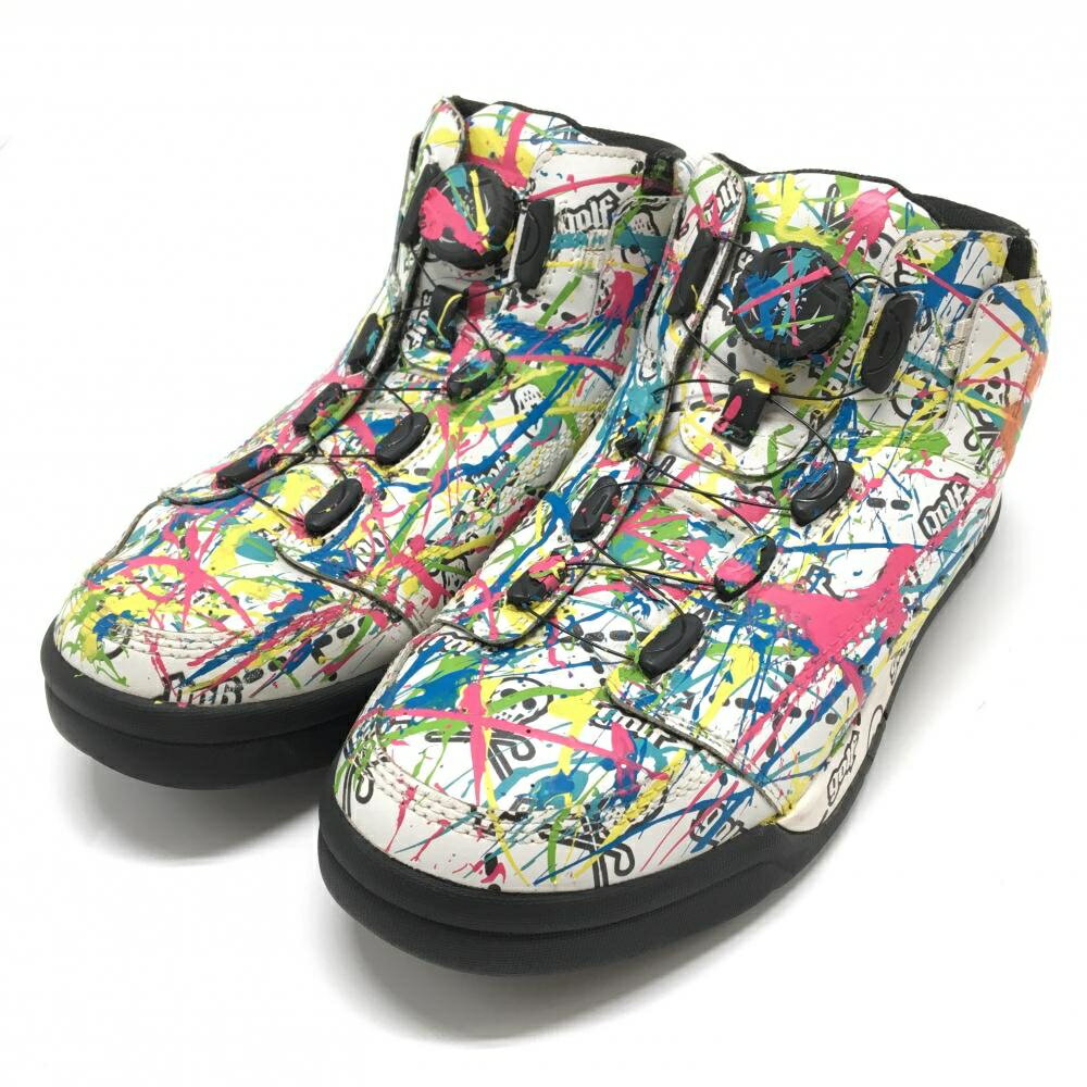 【美品】マークアンドロナ×gravis ハイカットゴルフシューズ 白×マルチカラー ペイント柄 スカル メンズ 25.5 ゴルフウェア MARK＆LONA