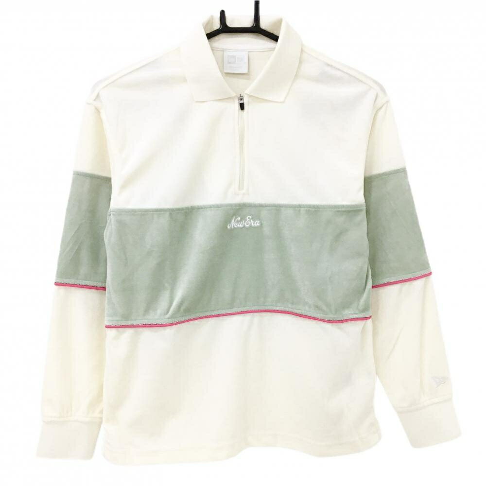 【未使用品】ニューエラ 長袖ポロシャツ アイボリー×ライトグリーン×ピンク 表微起毛 レディース SMALL ゴルフウェア New Era