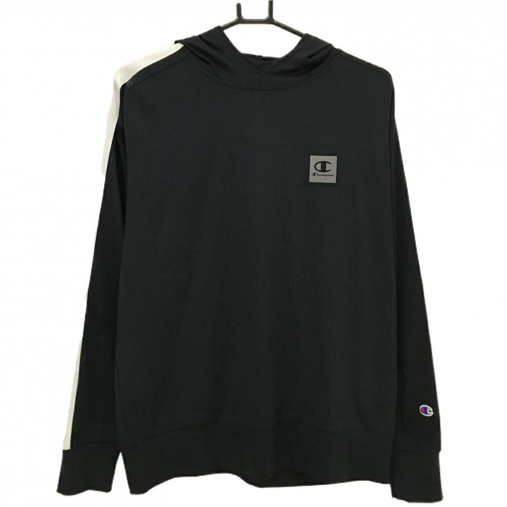 【美品】チャンピオン フード付き長袖Tシャツ 黒×白 パーカー 袖白ライン ロゴ白 メンズ LARGE ゴルフウェア Champion