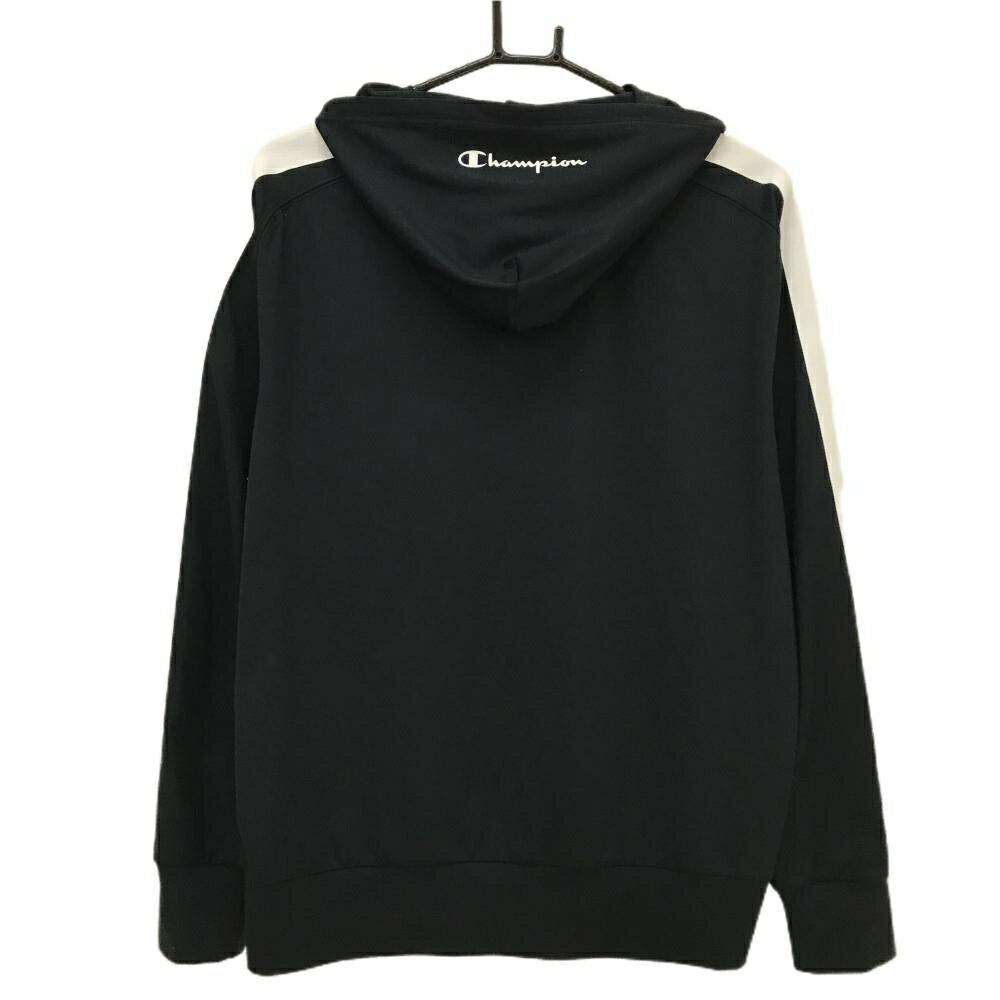 【美品】チャンピオン フード付き長袖Tシャツ 黒×白 パーカー 袖白ライン ロゴ白 メンズ LARGE ゴルフウェア Champion