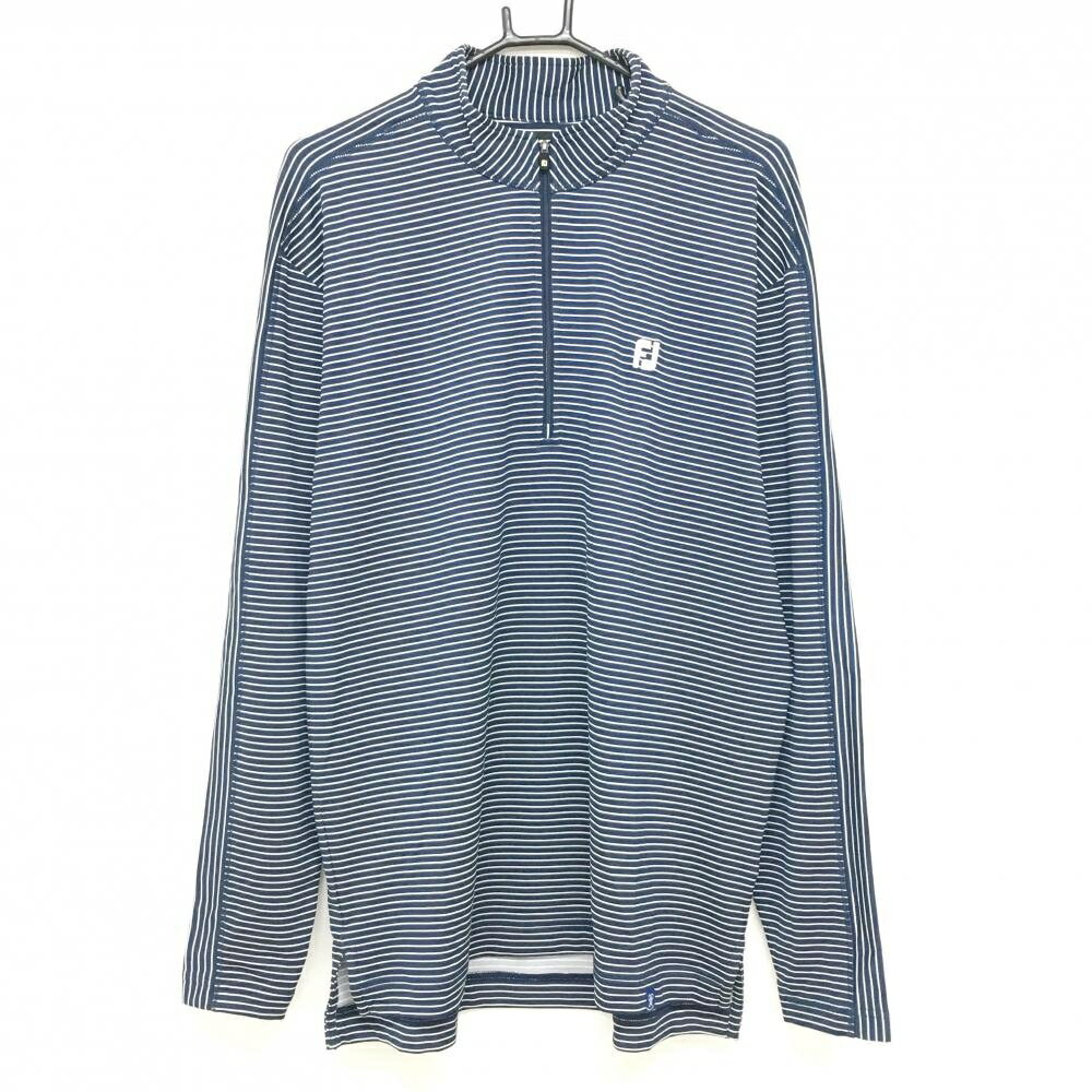 Polo Shirt - 【超美品】フットジョイ 長袖ハイネックシャツ ダークネイビー×白 ボーダー ハーフジップ メンズ XL ゴルフウェア FootJoy