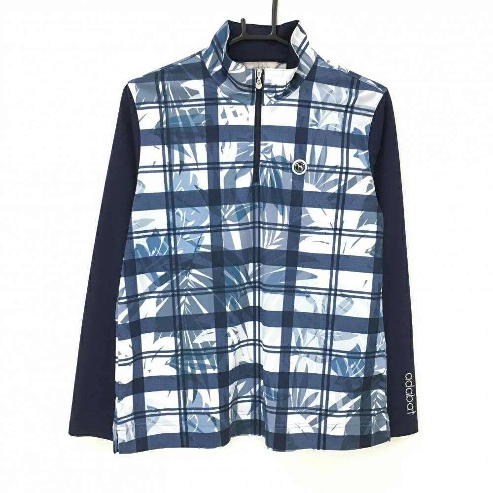 Adabat - 【美品】アダバット 長袖ハイネックシャツ ネイビー×白 身頃総柄 ハーフジップ レディース XL ゴルフウェア adabat
