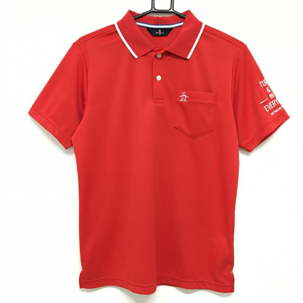 Shirts - 【美品】マンシングウェア 半袖ポロシャツ レッド×白 胸ポケット 袖刺しゅう メンズ M ゴルフウェア Munsingwear