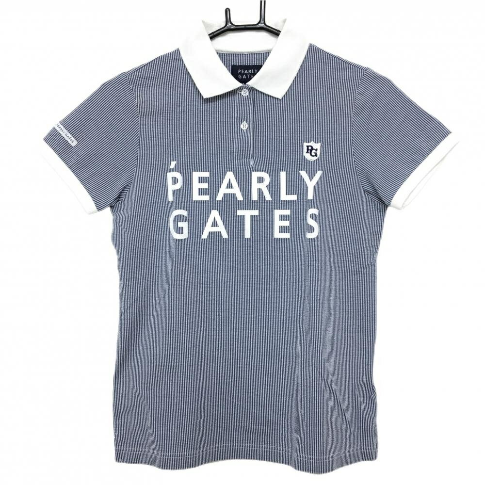 PEARLY GATES - パーリーゲイツ 半袖ポロシャツ ネイビー×白 細ストライプ フロントロゴ レディース 0(S) ゴルフウェア PEARLY GATES