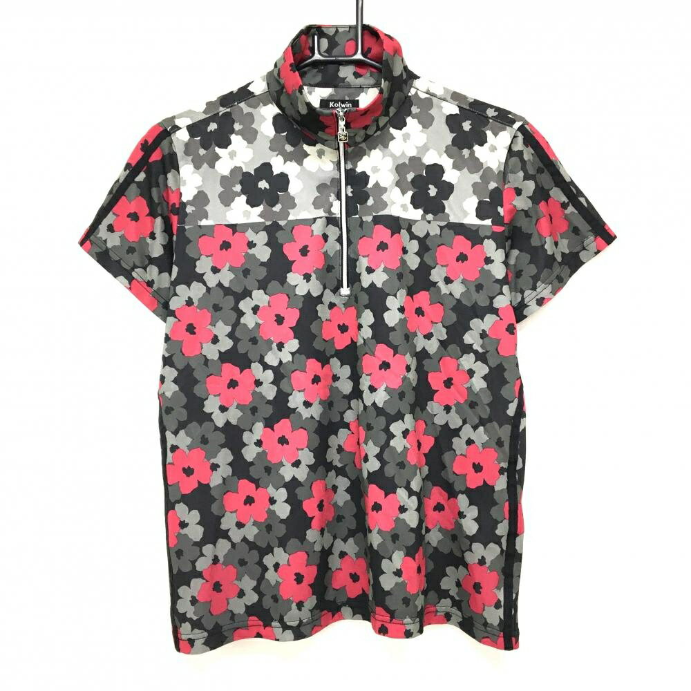 【超美品】コルウィン 半袖ハイネックシャツ 黒×グレー×ピンク 花柄 ハーフジップ ...