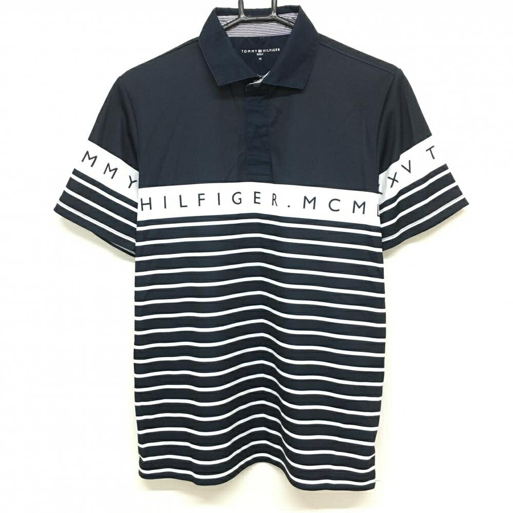 【美品】トミーヒルフィガー 半袖ポロシャツ ネイビー×白 ボーダー スナップボタン メンズ 2(L) ゴルフウェア Tommy Hilfiger Golf