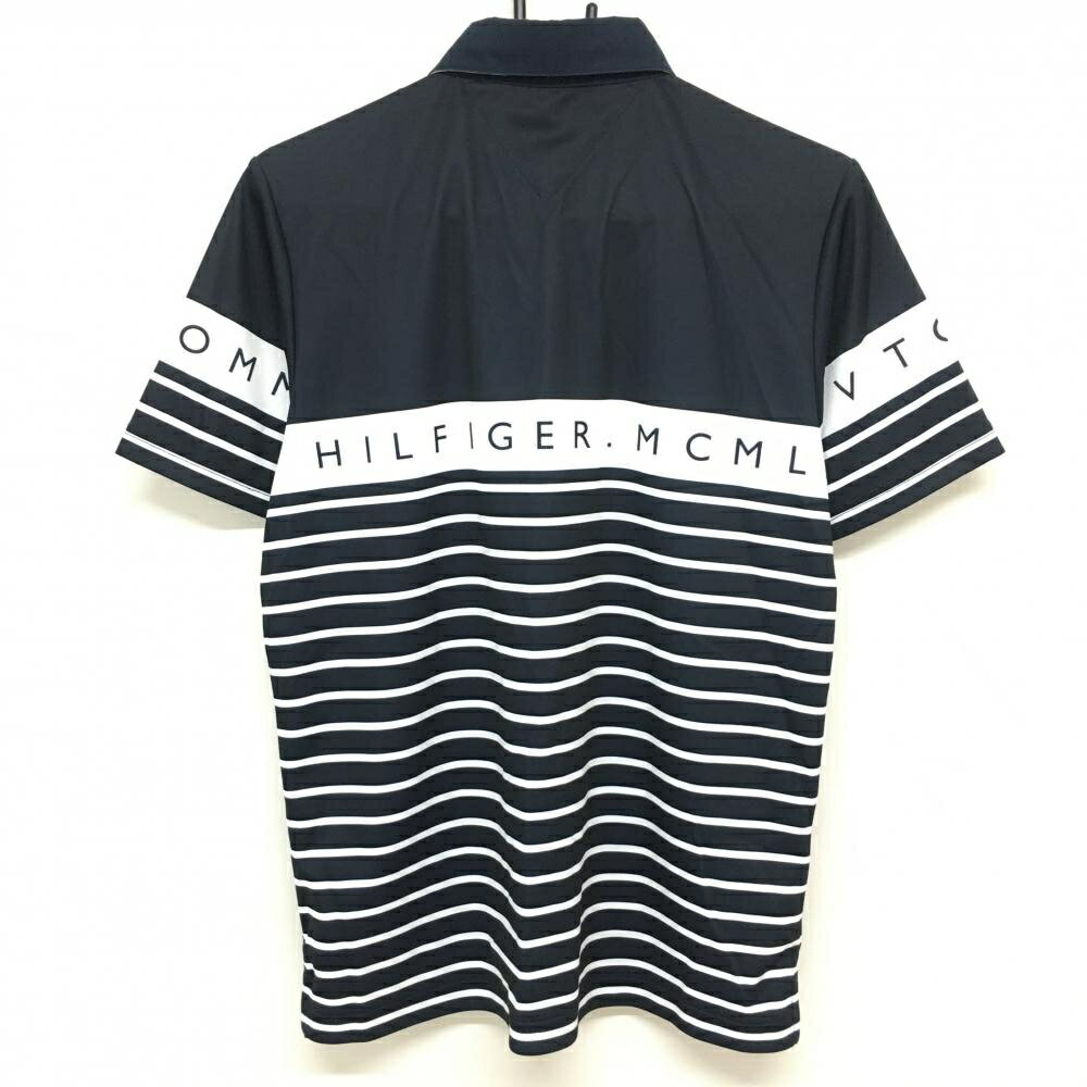 【美品】トミーヒルフィガー 半袖ポロシャツ ネイビー×白 ボーダー スナップボタン メンズ 2(L) ゴルフウェア Tommy Hilfiger Golf